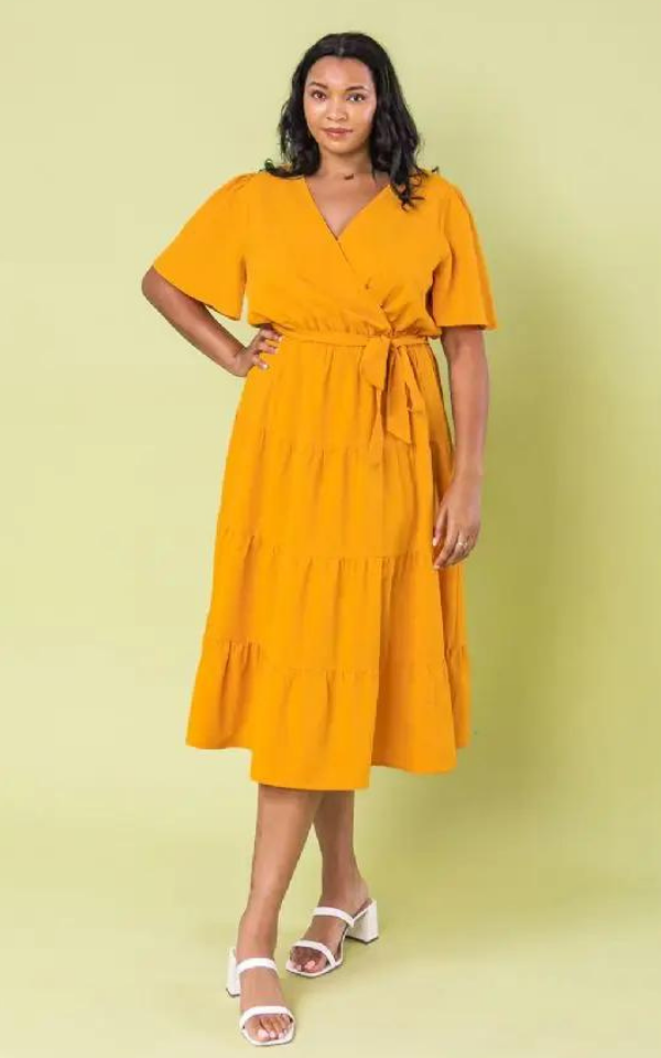 Curve* Wrap Tiered Midi Dress - Ochre ...